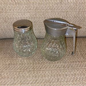 Vintage Grace Glass Sugar & Syrup Creamer Dispenser Diamond Point Cut Glass Set